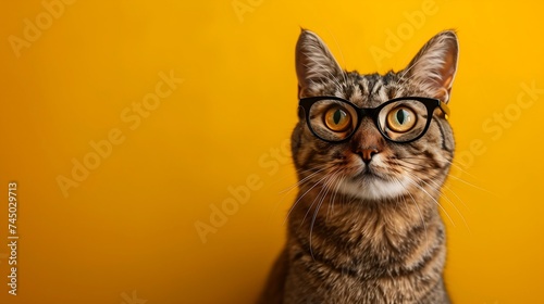 close up portrait of a cat wearing glasses on yellow background