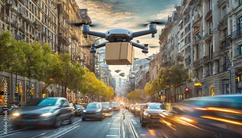 street in the city, Autonomous drone hovers in the sky, delivering a package swiftly above a congested city street filled with cars stuck in a traffic jam, showcasing the efficiency of modern aerial d
