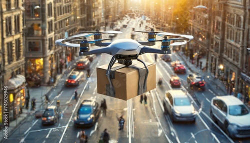 bicycles in the city, wallpaper Autonomous drone hovers in the sky, delivering a package swiftly above a congested city street filled with cars stuck in a traffic jam, showcasing the efficiency of mod
