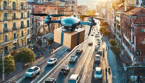 sestieri square city wallpaper Autonomous drone hovers in the sky, delivering a package swiftly above a congested city street filled with cars stuck in a traffic jam, showcasing the efficiency of mode photo