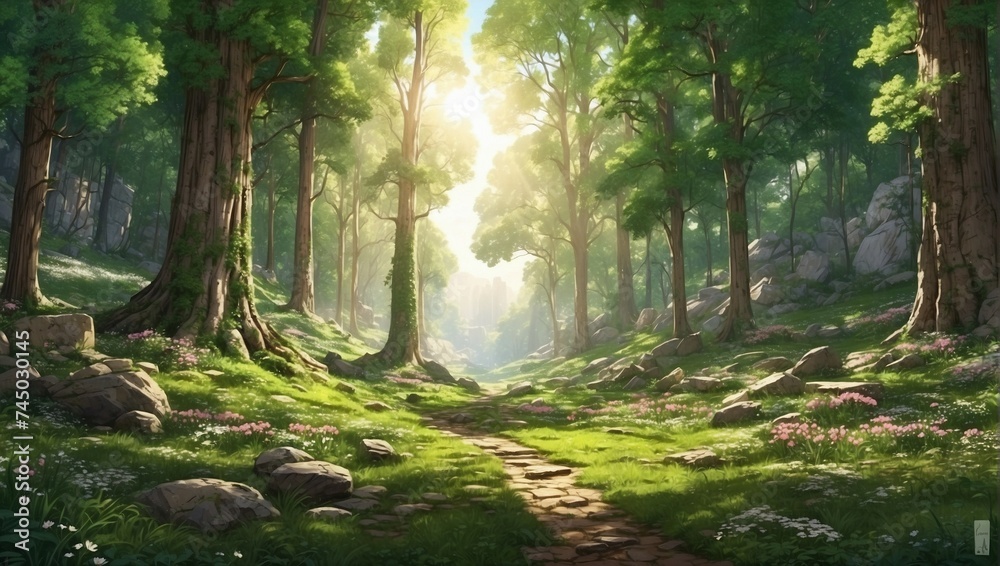 photo of a forest view with strong and cool wood trees in the morning made by AI generative photo of a forest view with strong and cool wood trees in the morning made by AI generative