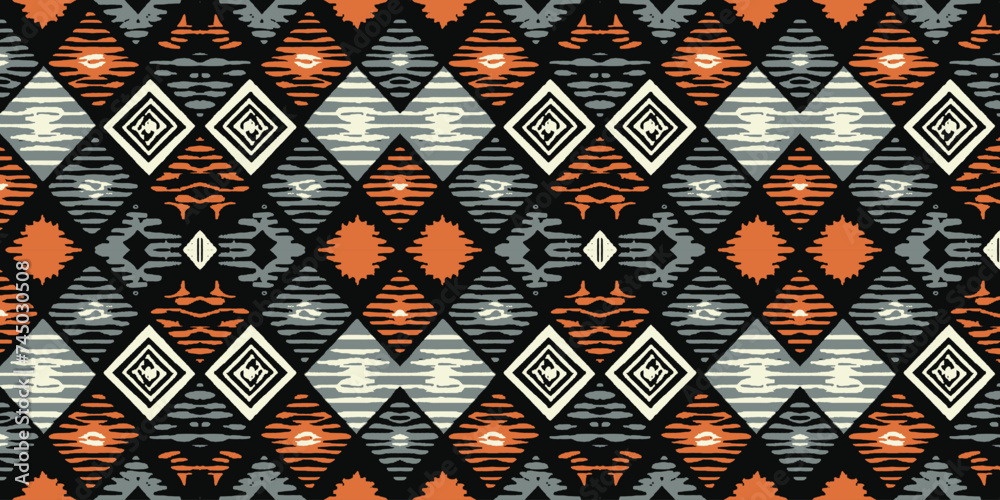 Fototapeta premium Ikat floral paisley embroidery on navy blue background.geometric ethnic oriental pattern traditional.Aztec style abstract vector illustration.design for texture,fabric,clothing,wrapping,decoration