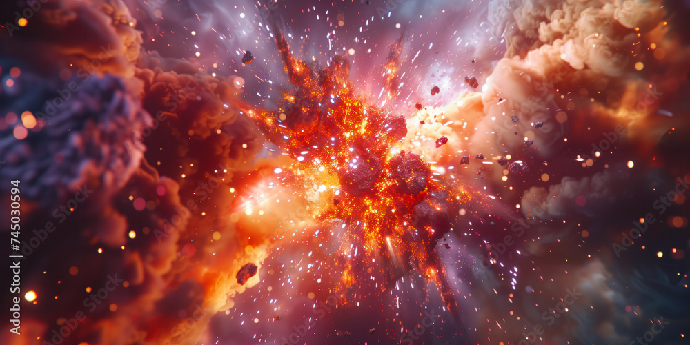 A fiery cosmic explosion with dynamic energy and scattered debris against a nebula background A fiery cosmic explosion with dynamic energy and scattered debris against a nebula background