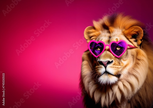 Banner. Lion in glasses in the shape of a heart and red suit on a red background Valentines Day. © ulkas