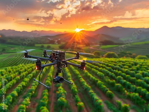Flying drones applying pesticides in agriculture fields mark an advancement in modern farming techniques