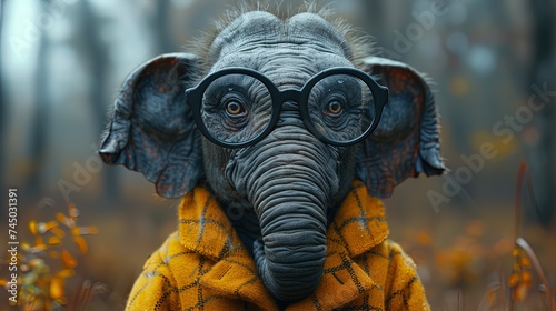 A lovable elephant wearing oversized glasses, its trunk playfully curled as it peers through the f photo