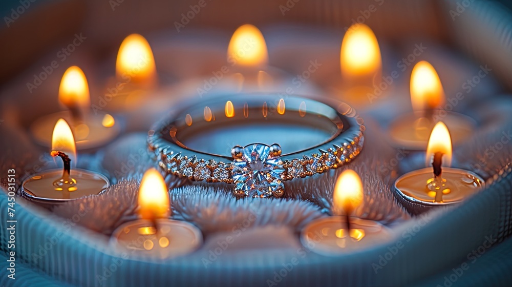 A creative overhead shot of an engagement ring nestled in a box surrounded by candles, creating a - obrazy, fototapety, plakaty 