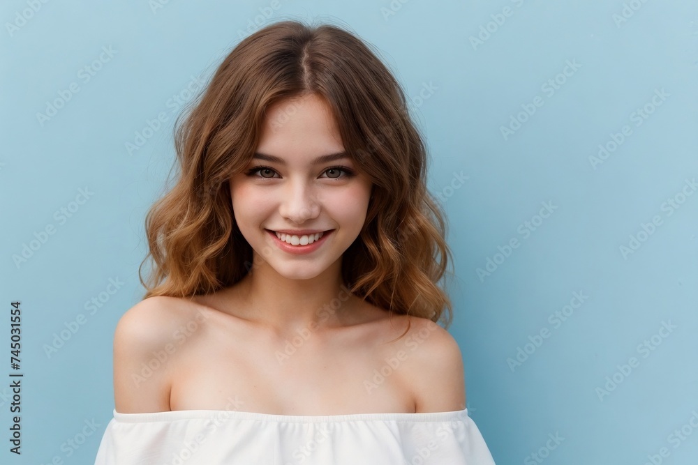 Beautiful ginger woman wearing a white off-shoulder smiling against a blue background with copy space. Beautiful ginger woman wearing a white off-shoulder smiling against a blue background with copy space.
