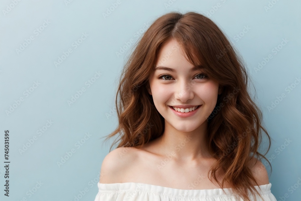 Beautiful ginger woman wearing a white off-shoulder smiling against a blue background with copy space. Beautiful ginger woman wearing a white off-shoulder smiling against a blue background with copy space.