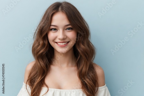 Beautiful ginger woman wearing a white off-shoulder smiling against a blue background with copy space.