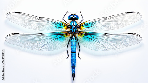 Detailed Close Up of a Vibrant Blue Dragonfly on white background