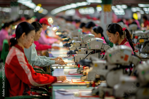 A row of Asian women in an Asian clothing factory sewing garments.  photo