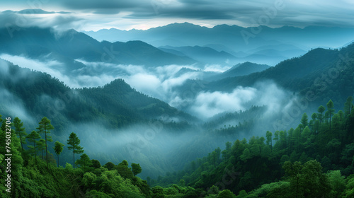 Ethereal Dawn Over Misty Mountain Forests.