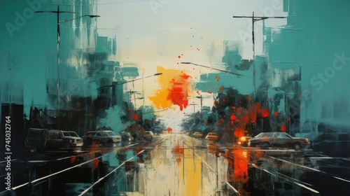 minimalist rain sky composition, captivated by the intense and dynamic colors of traffic lights, portraying the energetic and urban nature of rainfall