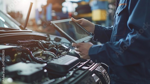 mechanic uses tablet computer to inspect car engine photo