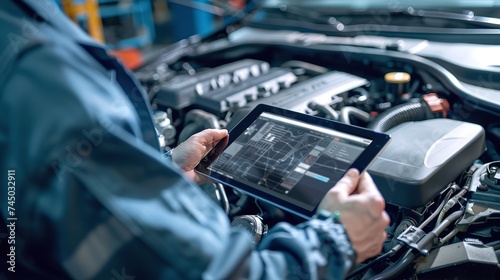 car engine inspection by mechanic using tablet computer