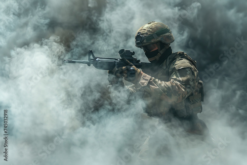 Soldier Amidst Smoke. Soldier in camouflage with rifle amidst swirling smoke.