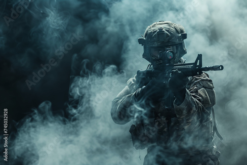 Focused Soldier Aiming Rifle in Misty Environment. A focused soldier in full combat gear aims a rifle amidst swirling smoke, illustrating concentration and military precision.