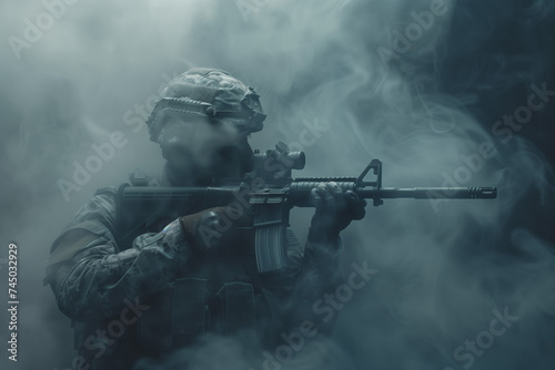 Soldier in Smoke with Tactical Gear and Rifle. A camouflaged soldier equipped with a rifle stands enveloped in dramatic smoke, depicting military readiness and defense. © GustavsMD