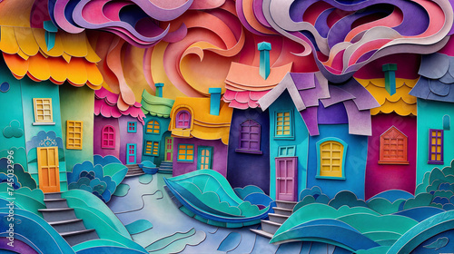 Paper Artwork Colorful City Landscape Panorama Concept Art image HD Print 12288x6864 pixels ar16:9. Neo Modern Art V2 17