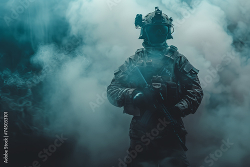 Tactical Soldier in Smoke with Night Vision Goggles. A solitary soldier equipped with night vision goggles and tactical combat gear stands enveloped in dramatic smoke.