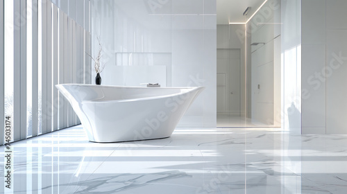 Modern Luxury Bathtub in a Bright Minimalist Bathroom. A contemporary white freestanding bathtub is featured in a minimalist bathroom with sleek lines and a serene  clean atmosphere.