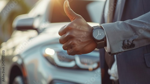 modern entrepreneur expressing satisfaction with thumb up on luxury car © CinimaticWorks
