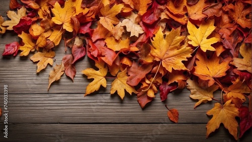 photo of a wooden board with beautiful orange leaves scattered around made by AI generative