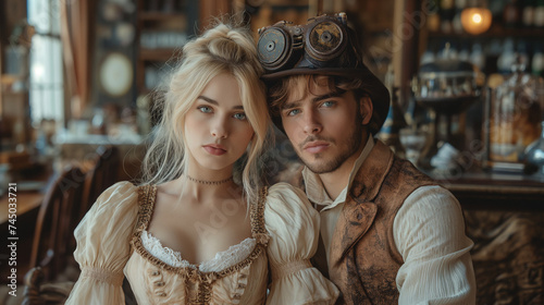 In steampunk attire, a woman with long blonde hair sits beside a man wearing a goggle helmet at a cafe