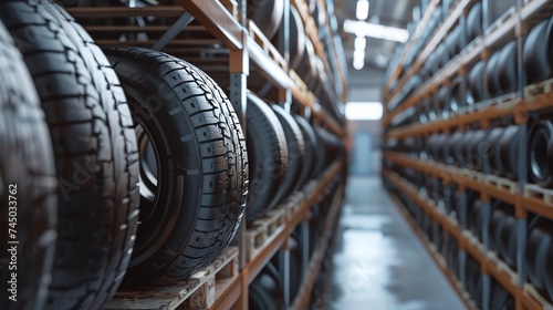 immersing in the practicality of new tire placement on the tire storage rack in warehouse, promoting seamless tire storage and distribution for automotive needs