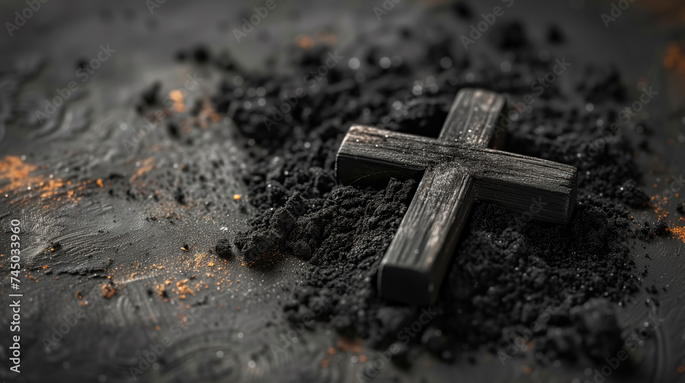 Wooden Cross in Ashes. Symbol of Faith and Reflection. Wooden Cross in Ashes. Symbol of Faith and Reflection.