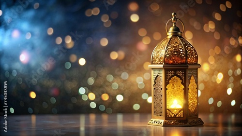 Golden lantern on bokeh background, Ramadan Kareem background.