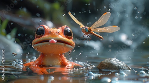 A funny cartoon frog attempting to catch flies with its tongue, but ending up with its tongue stuc photo