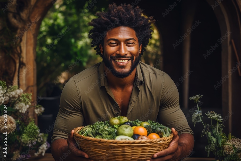 A strong African man smiles sweetly while holding a basket of fresh vegetables, fruits and herbs A strong African man smiles sweetly while holding a basket of fresh vegetables, fruits and herbs