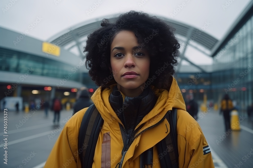 Portrait of an African traveler with backpack on shoulders against background of airport building Portrait of an African traveler with backpack on shoulders against background of airport building