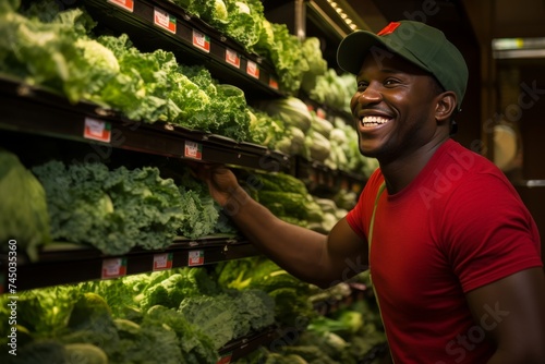 A smiling African guy in a baseball cap picks fresh greens from supermarket shelves