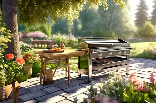 Barbecue grill in open air at country garden house. Summer holidays vacation background. Grill on green lawn backgrounds. Concept of privacy and country recreation. Copy space for site