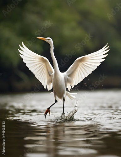 White egret in flight over water, in nature background Generative AI © Jaon
