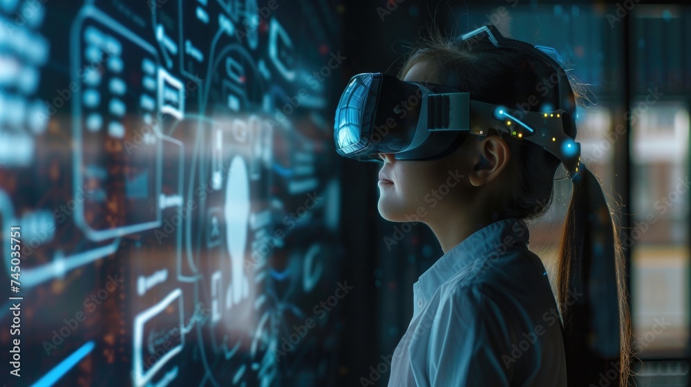 Visionary Learning. A young student gazes at a complex data interface through VR goggles, immersed in a futuristic learning environment. Visionary Learning. A young student gazes at a complex data interface through VR goggles, immersed in a futuristic learning environment.