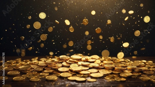 photo of rain and piles of sparkling gold coins made by AI generative