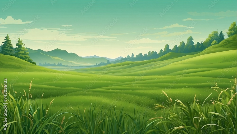 illustration of a beautiful green meadow in the morning made by AI generative