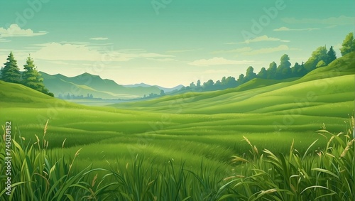 illustration of a beautiful green meadow in the morning made by AI generative