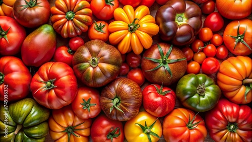 Top view of fresh tomatoes in different varieties and colours
