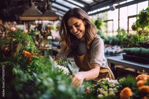 Happy gardener woman is engaged in her favorite business, grows decorative flowers and plants photo