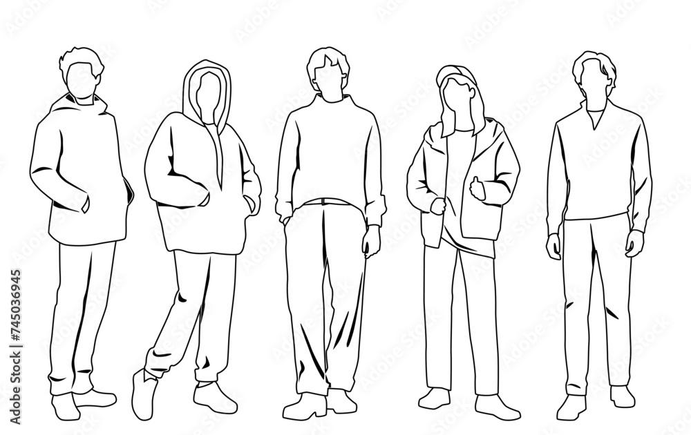Vector silhouettes of  men and a women, a group of standing  business people,  linear sketch, black and white color isolated on white background