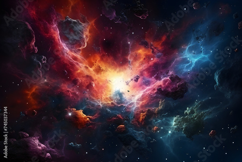 .A cosmic background with a colorful purple nebula and shining stars, generated by AI. 3D illustration