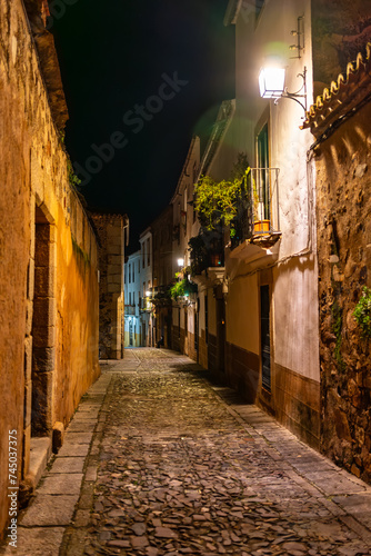 Quaint alley at night with medieval stone buildings, Caceres, Spain.