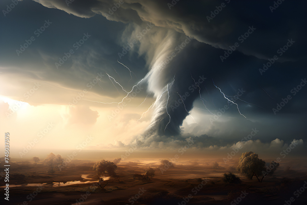 Gloomy landscape with bad weather. Tornado and heavy rain over a devastated field,  generated by AI. 3D illustration