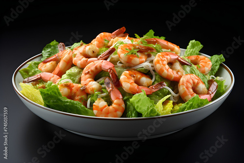  Close-up of fresh vegetable and fried shrimp salad, generated by AI. 3D illustration