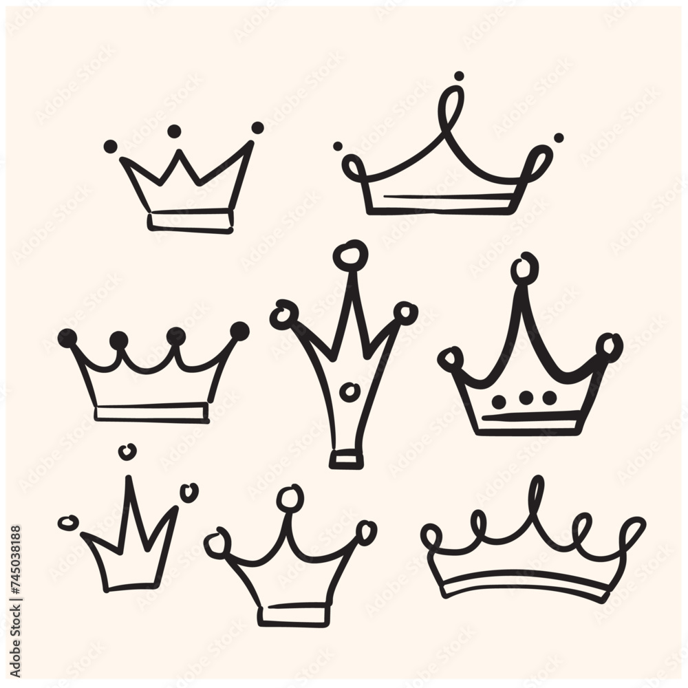 Doodle crown hand drawn set. Doodle princess crown, queen tiara. Line sketch royal element with Illustration style doodle and line art Doodle crown hand drawn set. Doodle princess crown, queen tiara. Line sketch royal element with Illustration style doodle and line art